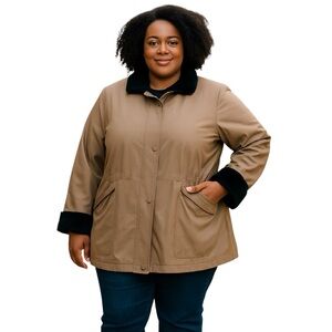 ALIA‎ Oversize Jacket Coat Nude Brown Warm Soft Fur Black Wrist and Collar Trims